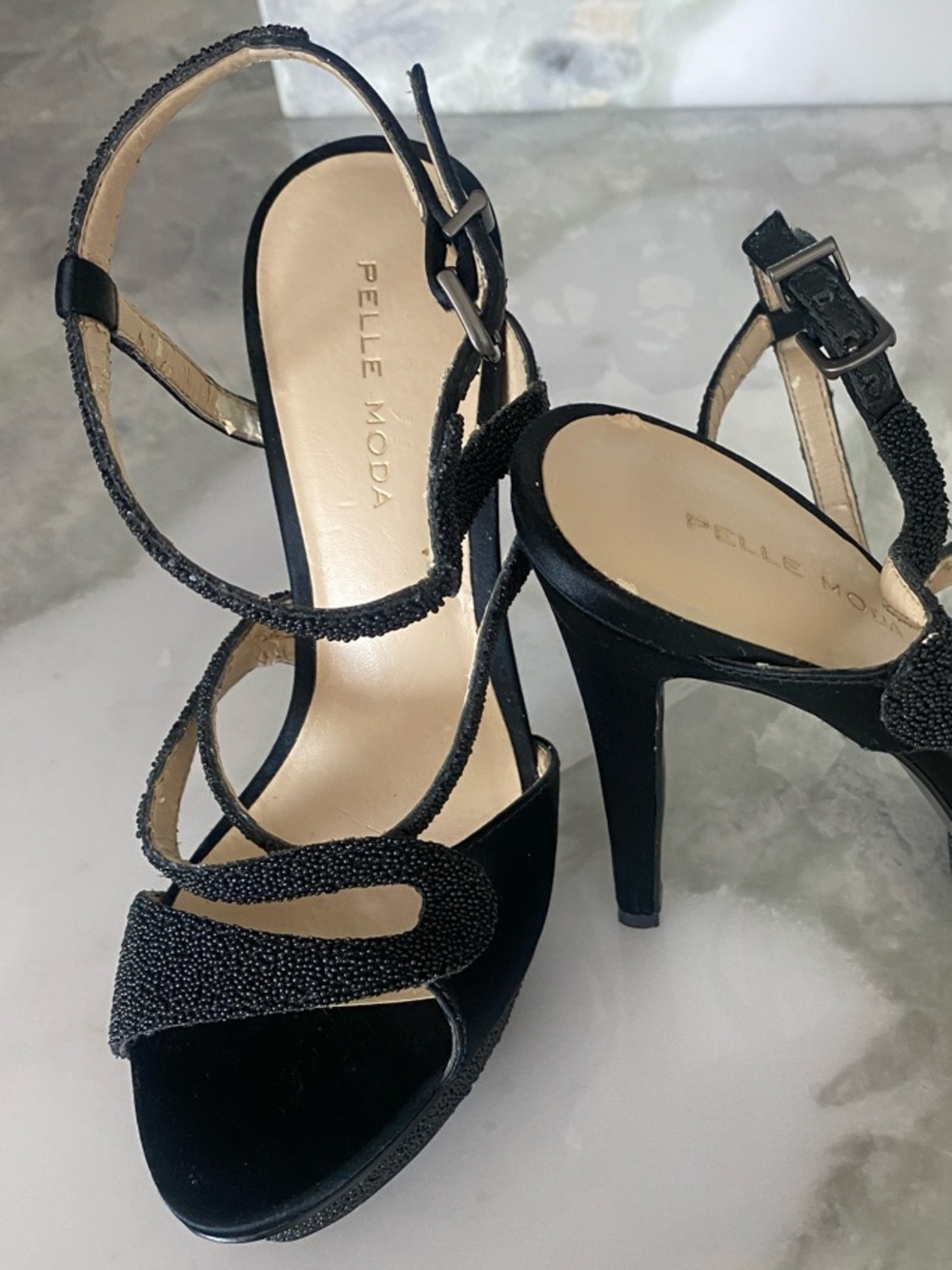 Pelle Moda Black Beaded Size 6 Strappy High Heel Sandals